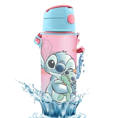 SRV Hub 600ml Disney Stitch Kids Water Bottle with Straw Aluminium Leak Proof Stitch Drinking Bottle with Carry Strap BPA Free Metal Water Bottle for Girls & Boys Back to School & Gift for Kids