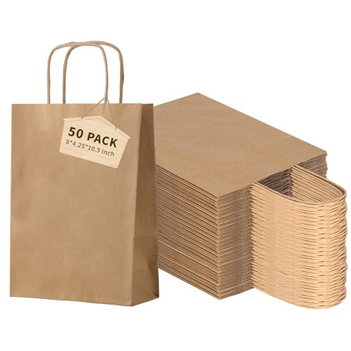 Facebag 50-Pack Brown Paper Bags With Handles Bulk, 8X4.25X10.5 Inches,Medium-Sized Gift Bags With Handles For Party Favors,Take-Out,Grocery Shopping & Retail,Reusable & Durable thumb #1