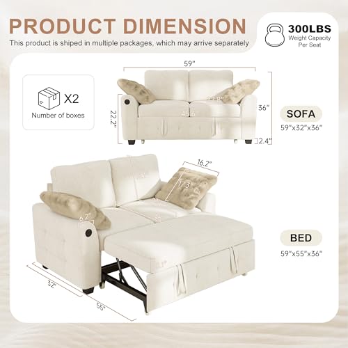 Image of Hanherry 59 inch Loveseat with Pull Out Sofa Bed, Chenille 2-in-1 Convertible 2 Seater Sleeper Couch with USB Charging,Comfy Love Seat for Small Spaces Living Room Apartment