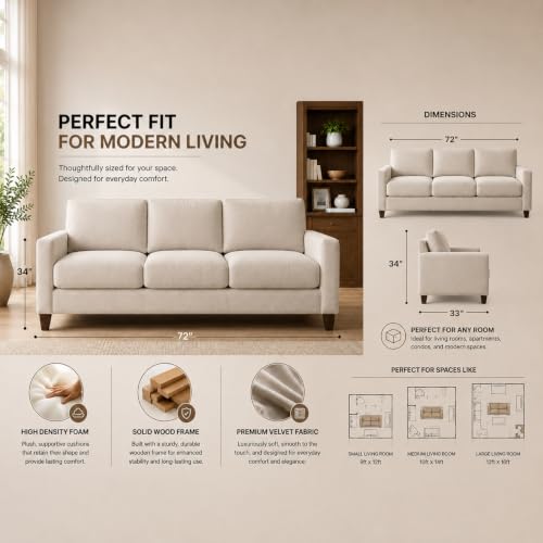 Image of Casaliving Gladino Modern Velvet Fabric Sofa, Tufted Design Upholstered 3 Seater Sofa Set for Living Room, Premium Velvet Fabric Sofa (Cream)