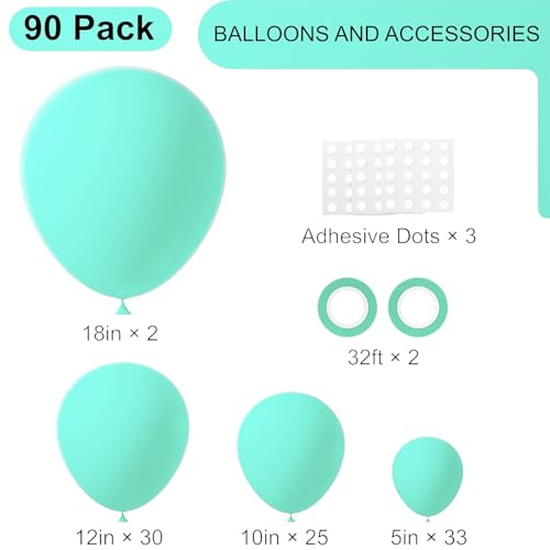 Image of Voircoloria 90pack Teal Balloons Different Size 18 /12 /10 /5 Inch Teal Balloon Garland Arch Kit for Graduation, Wedding, Birthday, Baby Shower, Anniversary Party Decorations