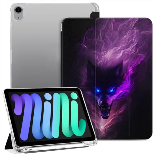 Punmada Case for iPad mini6 8.3 inch 2021 Powered By The A15 Bionic Chip Built in Pencil Holder Trifold Stand Auto Wake/Sleep TPU Protection Stand Clear Back Cover,Neon Phantom Wolf