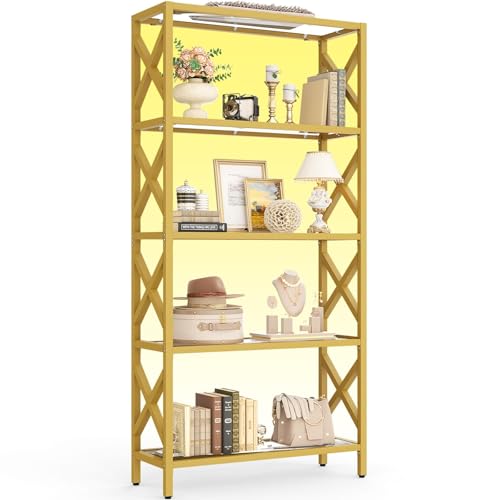 Homieasy Bookshelf Bookcase 5 Tier with Tempered Glass Shelf, Gold