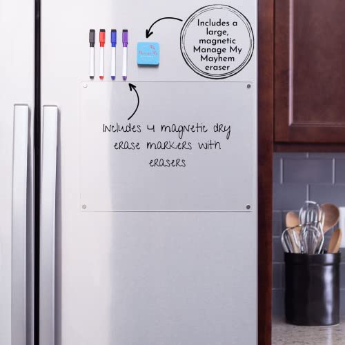 Manage My Mayhem | Acrylic Magnetic Dry Erase Board For Fridge 16"X12" | Acrylic Dry Erase Board With 4 Magnets | Includes 4 Magnetic Dry Erase Markers, Magnetic Eraser And Anti-Slip Patches #TOP2