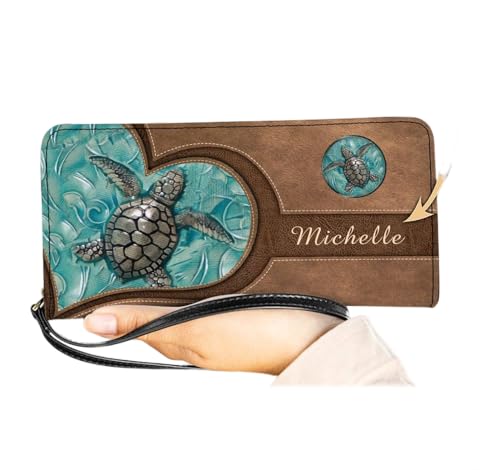 NHN Custom Personalized Sea Turtle Women Leather Wallet, Green Turtle Beach Ocean RFID Blocking Zip Wallet, Pocket Long Ladies Clucth Wristlet, Gift for Girl (Turtle 2), Brown, MT2368