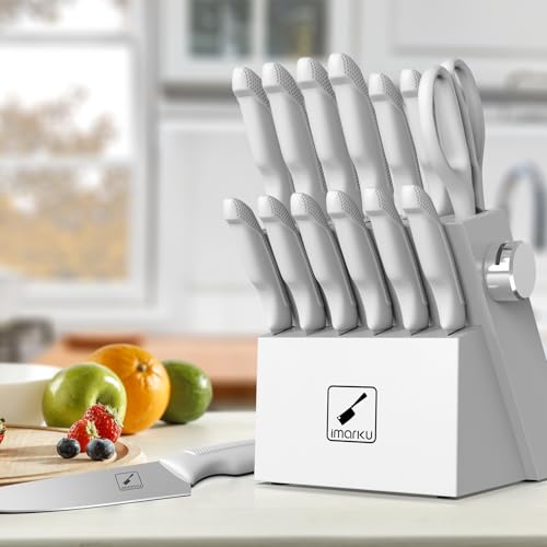 Image of imarku deba knives, knife set 14Pcs, white knife set with sharpener, kitechen knife sets stainless steel, no rusting with Non-slip Ergonomic Handle, Best Gifts