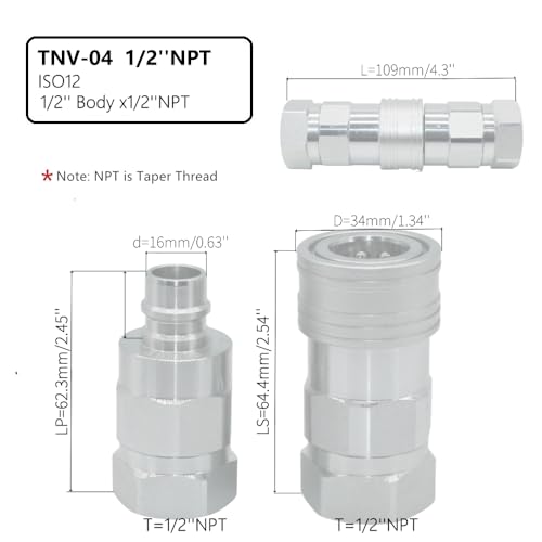 Image of LSQ-TNV 1 /2''NPT Carbon Steel High Flow Hydraulic Quick Connect Couplings Hydraulic Couplers Replace VHC8-8F /VHN8-8F Zinc-Plated Steel H-Shape