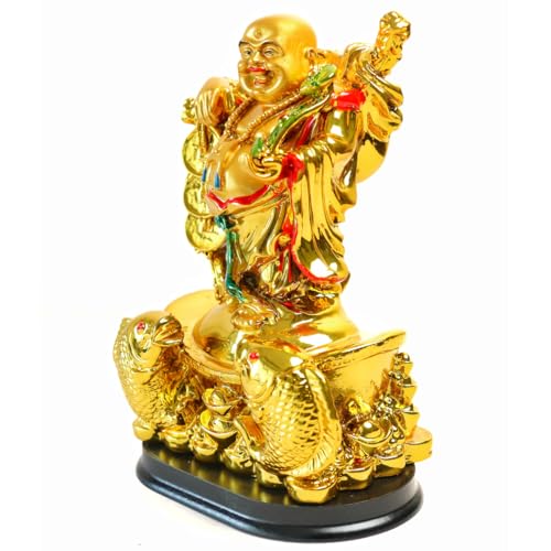 Image of The Spiritual Living Laughing Buddha Idol with Money Coins & Twin Fish | 7 Inch | Feng Shui Statue for Wealth, Fortune & Positivity | Decorative Showpiece for Home, Office & Gifting |