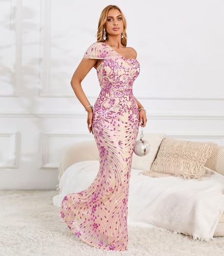 Image of Cololura Women Sexy Sequin One Shoulder Mermaid Formal Party Cocktail Gowns Bodycon Evening Maxi Dress