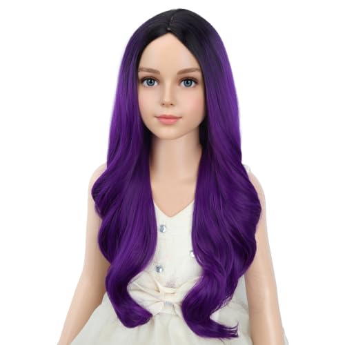Image of PATTNIUM Dark Purple Wig for Kids Girls Long Curly Wavy Wig Ombre Purple Wigs Middle Part Black to Purple Wigs Heat Resistant Synthetic Hair