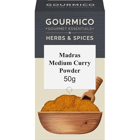 GOURMICO Medium Madras Curry Powder, A Blend of Coriander, Cumin, Ginger, Fennel & More. Ideal to Spice Up Stews, Curries & Soups, Suitable for Vegetarians and Vegans, 50g Pack Cover
