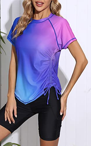 Halcurt Women's Adjustable Drawstring Rash Guard Top Short Sleeve Upf 50 Swim Shirt Ombre Pink Blue L #TOP4