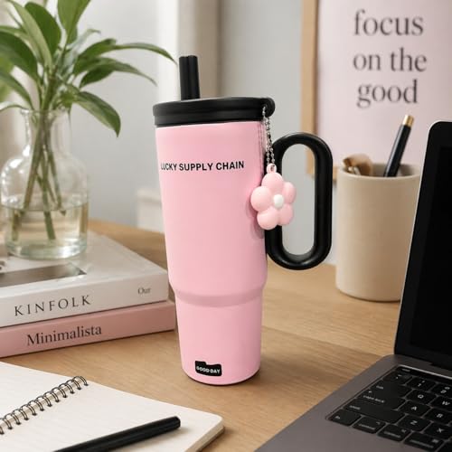 Image of Vasukie Tumbler with Handle & Straw Lid - Leakproof Travel Mug for Hot & Cold Drinks, Reusable Coffee Cup, Cute Pink Design with Charm, Office, Gym & Travel Use