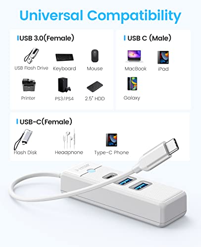 USB C Hub, 3 porte USB 3.0 Adattatore con 2 USB A, 1 Tipo C per laptop, tablet, con cavo 0.15m, Sdoppiatore USB compatibile con Mac OS 10.X e versioni successive, Linux, Android,Bianca - Hub USB - Immagine 6