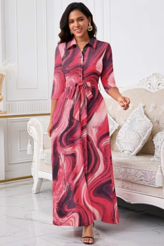 Image of Runwind Women Church Maxi Dresses 3 /4 Sleeve Button Down Print Casual Office Dress African