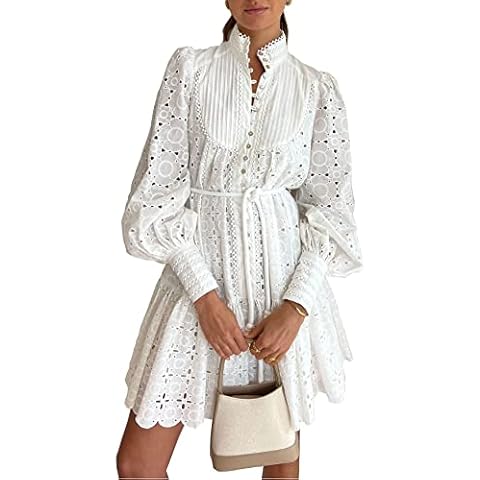 Aoxwomens Womens Dresses Long Sleeve A Line Tunic Swing Dress Fall V Neck Button Down Shift Dress with Waist Strap (X-Large, White 202310) Cover