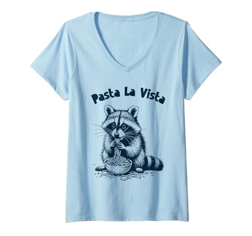 Mujer Pasta La Vista Italiano Spaghetti Pasta Raccoon Camiseta Cuello V