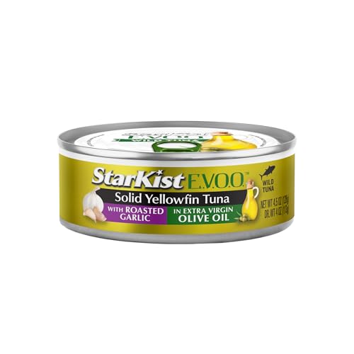 Image of StarKist E.V.O.O. Solid Yellowfin Tuna, Roasted Garlic, 4.5oz Can, 12-Pack | 28g of Protein Per Serving, Features Extra Virgin Olive Oil, Wild Caught Tuna, Gluten Free, Soy Free, Omega 3s