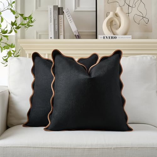 Mayler Yee Scalloped Pillow Covers Set of 2 for Living Room | Decorative Sofa Couch Pillows | Boho Sytle Decorative Home | Aesthetic Funky Preppy Pillow Cases (Black & Brown 18x18 Inch)