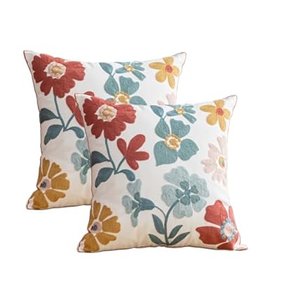 YIcabinet Pack of 2 Throw Pillow Covers,Embroidered Flower Pillow Case Soft Square Decorative Pillowcases for Home Sofa Couch 18x18 Inch