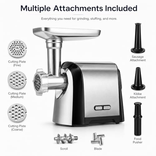 Szlifierka do mięsa 3200W o dużej wytrzymałości, mielec ze stali nierdzewnej z 3 płytami, zestaw kiełbasy i zestaw Kibbe, Easy Clean Electric Food Processor do Burgerów, Ser, Sosy, Domowe użytkowanie