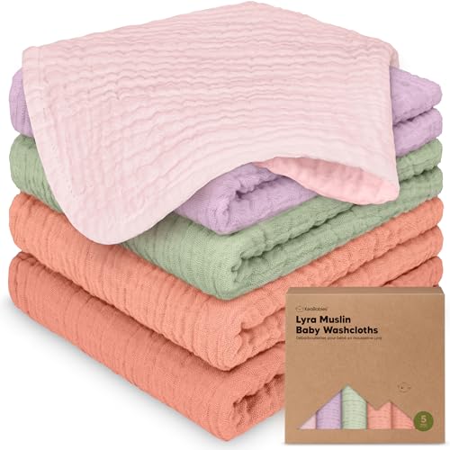 Image of 5-Pack Muslin Baby Washcloths for Newborn - 12x12 Soft Absorbent Organic Cotton Muslin Wash Cloths for Babies Girl, Boy, Infant, Toddlers,Kids Face Towel,Bath Essentials,Baby Burp Rags (Muted Pastel)