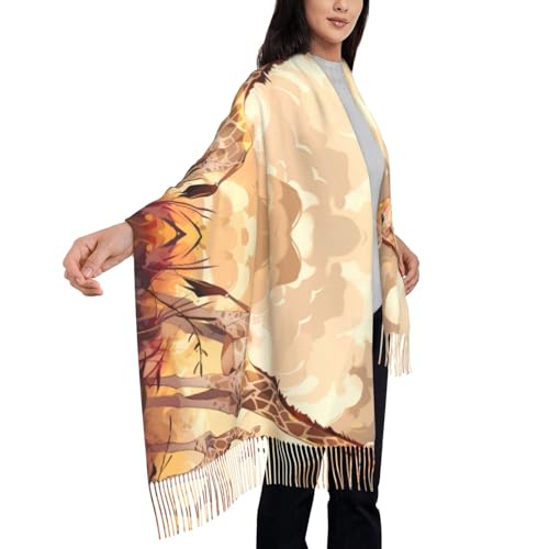 Giraffe Mother And Child Print Tassel Scarf - Stylish And Cozy Accessory For Spring, Autumn, And Winter, 78" * 28"4