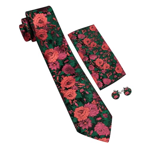 Image of Barry.Wang Flower Ties for Men Handkerchief Cufflinks Set Wedding Necktie Set Party
