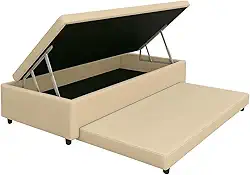 Cama Box Báu Solteiro C/Auxiliar com espuma de 6cm, Com Pistão a Gás, Suporta 200kg (Corino bege)