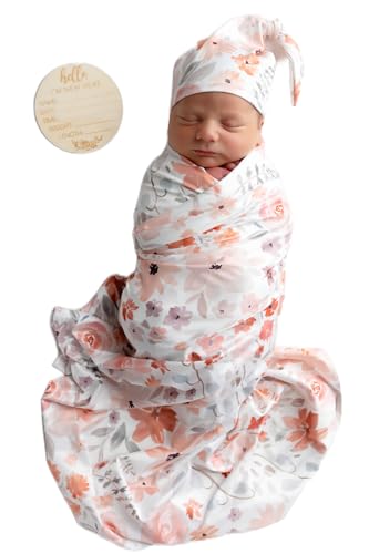 Image of Vollmic Newborn Baby Girl Receiving Blanket Swaddle Blanket Stretchy Knit Swaddle Set with Matching Headband Beanie with a Name Card (Pink and Orange Floral)