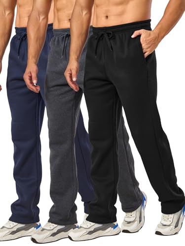 3 Pack Men's Big and Tall Sweatpants Fleece Open Bottom Loose Athletic Drawstring Sweat Pants with Pockets