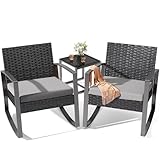 Noelse 3 Piece Wicker Patio Furniture Set, Outdoor Rocking Chairs, Outdoor Furniture with Table & Cushions, Patio Chairs for Balcony Porch, Gray
