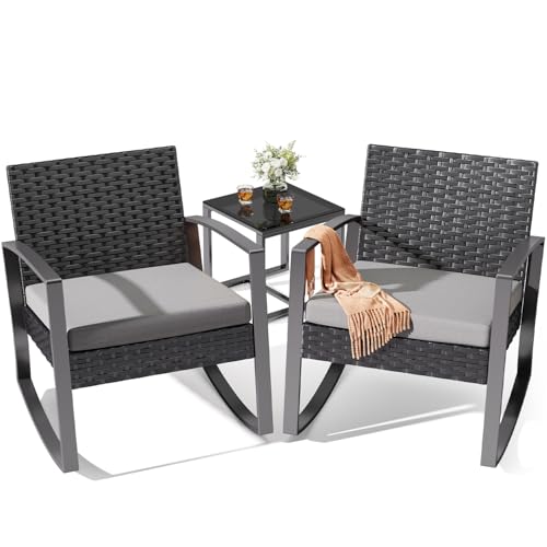 Noelse 3 Piece Wicker Patio Furniture Set, Outdoor Rocking Chairs, Outdoor Furniture with Table & Cushions, Patio Chairs for Balcony Porch, Gray