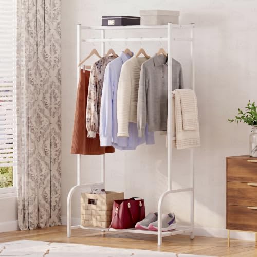 Image of Lukzer Metal Cloth Stand with Bottom Shelf | Freestanding Garment Stand for Hanging Clothes, Towels & Shoes | DIY Storage Organizer Rack for Bedroom, Laundry, Balcony & Entryway (White /80x150x43 cm)