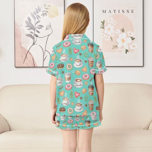 Satin Pajama Sets Short Sleeve Coffee Donuts Treats Pattern Button Down Silky Nightwear 2 Piece PJS 5-14Y4