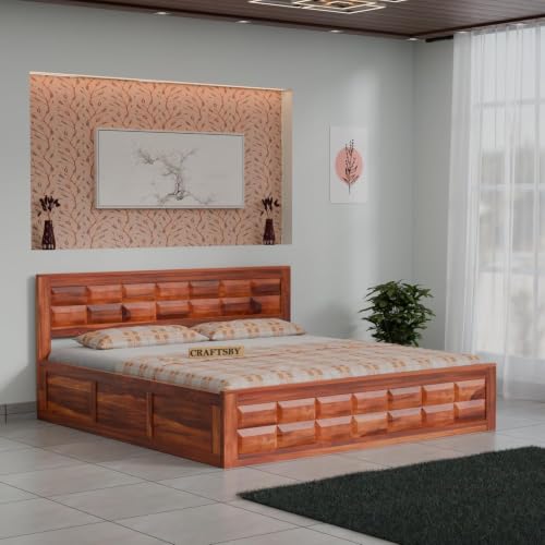 Image of Solid Sheesham Wood King Size Bed with Storage | Wooden Double Bed Cot for Bedroom & Home | Palang Double Bed with Designer Headboard | Honey Finish | 81 x 74 Inch