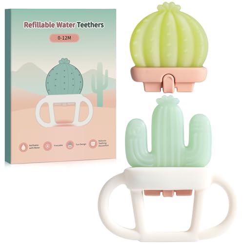 Image of 2 Pcs Baby Teether Toy - Water Fillable Teething Relief for Infants 0-12 Months, Silicone Baby Teething Toys Chill Teether, Cools & Massages Sore Gums (Green Cactus)