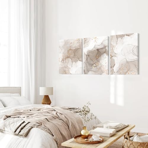 Beige Abstract Wall Art Set of 3,Beige Gold Boho Wall Decor Living Room,Netural Tones Mid Century Modern Framed Wall Art,Netural Boho Canvas Art Wall Decor Paintings for Bedroom Bathroom-12" x 16" by TWNSLLA - Used condition - Image 4