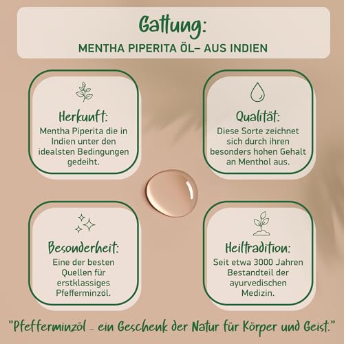 BIO PFEFFERMINZÖL | 100% Natürlich & Pur - Ätherisches Öl | Minzöl - | Aromatherapie - Lindert Kopfschmerzen | Therapeutisches Öl