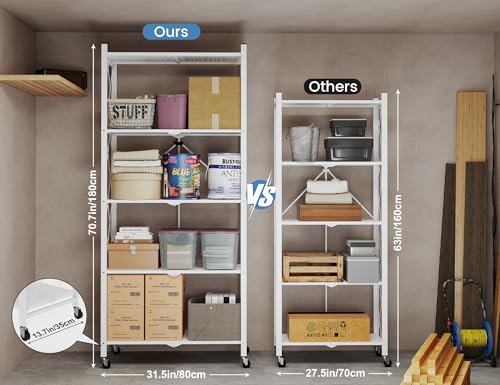 Image of ALANNG 70.7 inch H Metal Storage Shelves, 5 Tier Folding Shelf on Wheels, Heavy Duty, No Assembly, Rolling, Collapsible Rack Unit for Kitchen, Basement, Pantry (White,1 Pack)