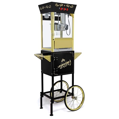 Image of 12oz Popcorn Machine Cart, Popcorn Cart with Wheels, Vintage Popcorn Machine with Stainless Steel Kettle, Movie Theater Style Popcorn Machine for Party, Black