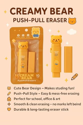 Image of Parshya Cute Cream Beear Push-Pull Eraser | Fun Retractable Design | Ideal for Homework, Art, & Office Use