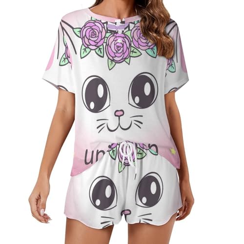Pyjama chat rose licorne pour femme ensemble short ete confortable