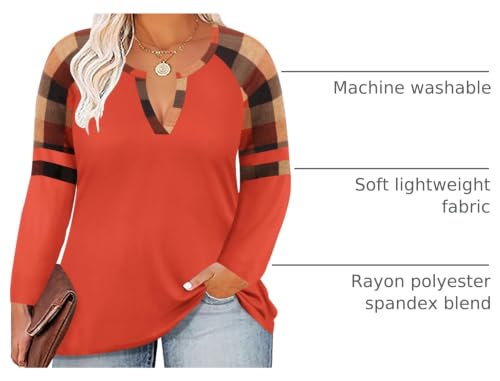 Image of CARCOS Plus Size Tops for Women Long Sleeve Fall Tunic Color Block Camo /Plaid /Leopard /Fall Blouse Crewneck Tshirt XL-5XL