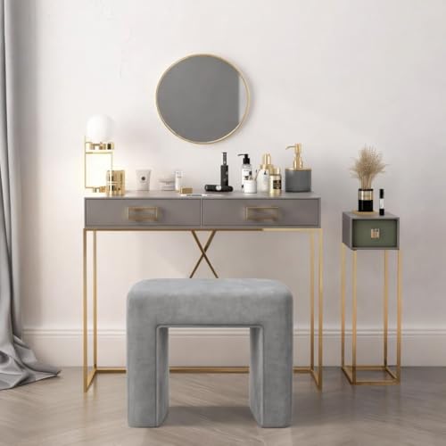 Image of Kundi Modern Boucle Vanity Stool Chair with Wooden Legs - Soft Ottoman Footstool for Makeup Room, Living Room, Entryway & Office (White) (Dark Grey)