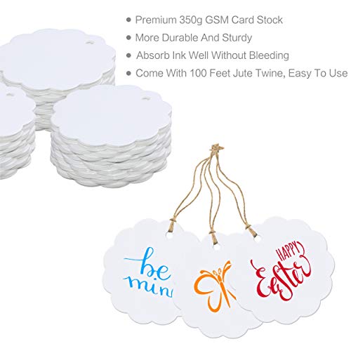 200 PCS White Kraft Scalloped Paper Gift Tags with 100 Feet Natural Jute Twine String for Arts Crafts Packaging (Label Measures 2.4” in Diameter)4