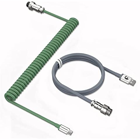 MAMBASNAKE C01 Coiled Keyboard Cable, Pro Custom USB-C Aviator Cable for Mechanical Keyboard, Type-C to USB-A, TPU Spring Cable with Detachable Metal Aviation Connector for Gaming Keyboard-Green/Grey Cover