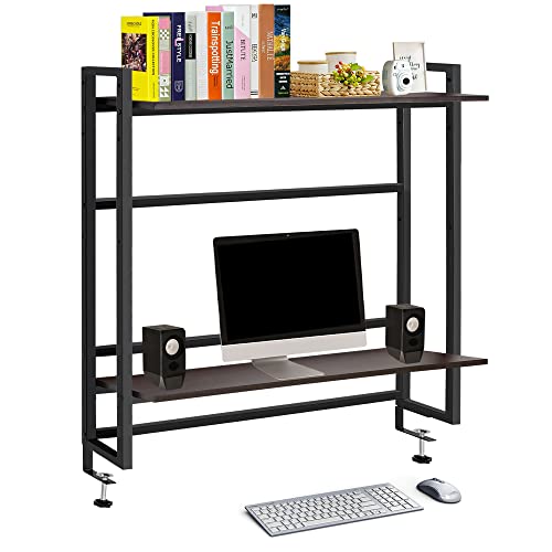 Ithwiu Vintage 2-Tier Metal And Wooden Desktop Shelves, Computer Desk Bookshelf, Office Supplies Desk Organizer Display Rack, Dark Brown #TOP16