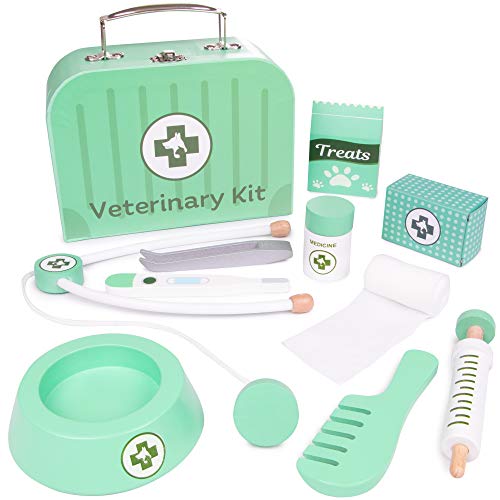 Dr. Pine's Pet Hospital Veterinary Kit | Pretend Play Animal Doctor | 11 Pieces: Gauze, Tweezers, Stethoscope, and Treats! | Take Care of Animals, Play Creatively