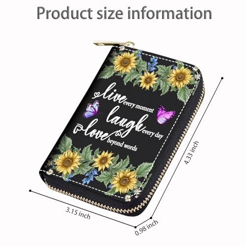 RFID Small Credit Card Holder Wallets for Women, Slim Leather Card Case Wallet with Zipper Accordion Wallets, Sunflower Quote Live Laugh Love2
